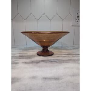 Amber‎ Glass Pedestal Bowl with Etched Edge, Floral Design, Vintage Centerpiece